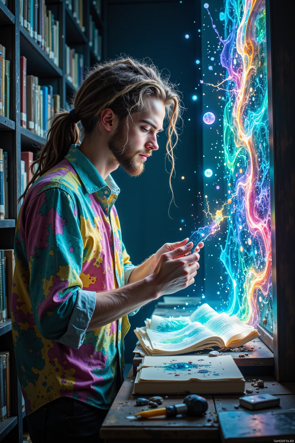 A man with long hair and a colorful shirt is holding a glowing object, with a book and scattered stones on a table in front of him.