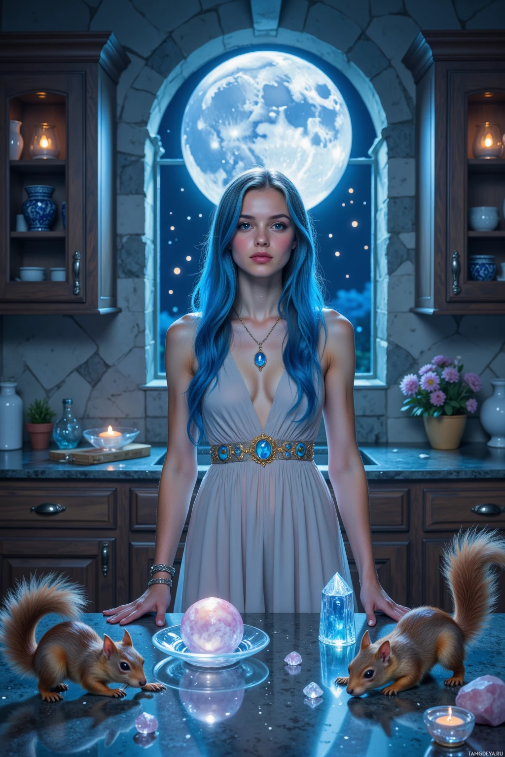 A woman stands in a kitchen with a large moon visible through the window behind her, surrounded by small animals and crystals on the counter.