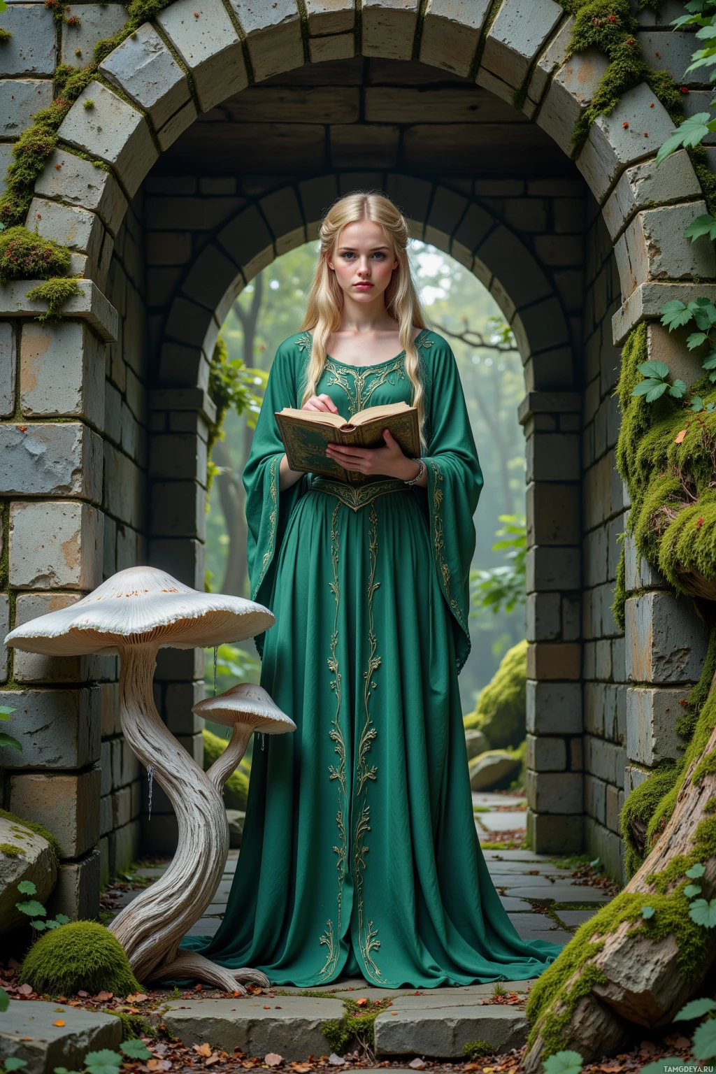 A woman in a green gown stands in a stone archway, holding an open book.