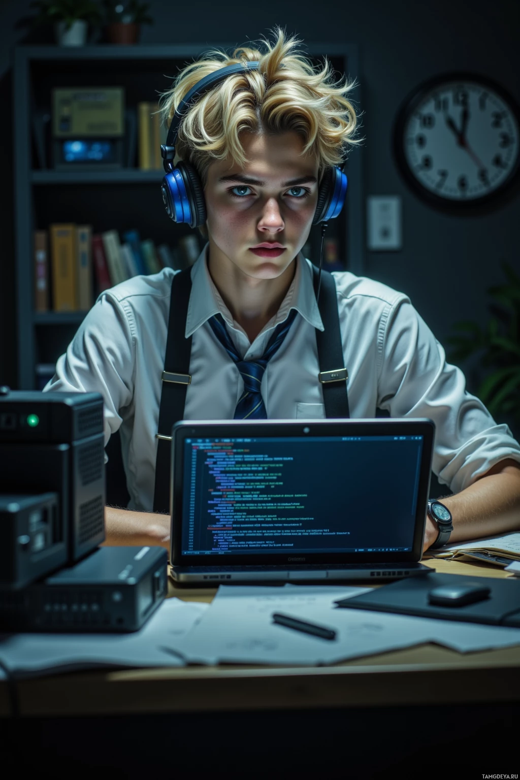 A person wearing headphones sits at a desk with a laptop displaying code, surrounded by office equipment and a clock.