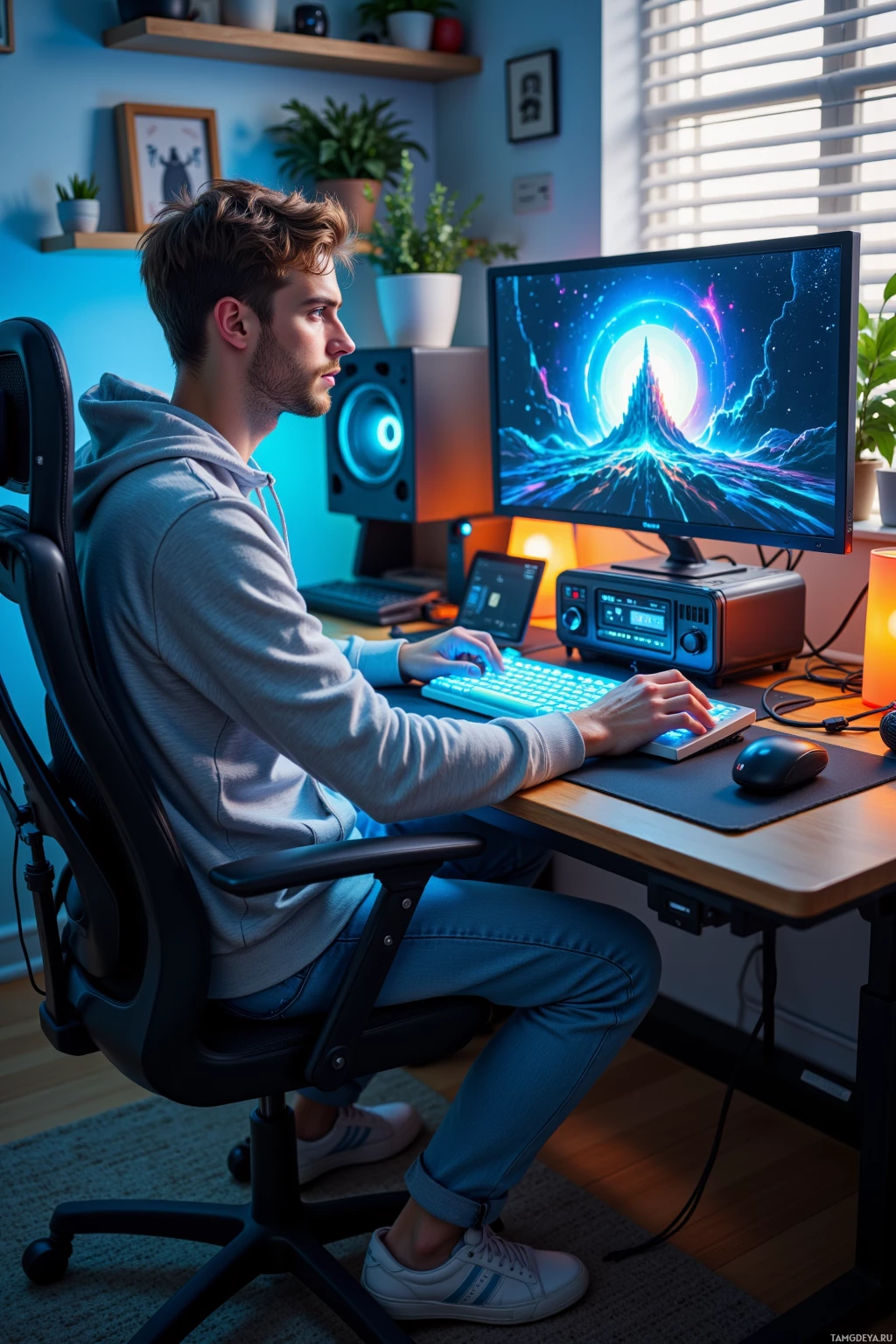 A person is sitting at a desk, working on a computer with a vibrant, futuristic desktop wallpaper.