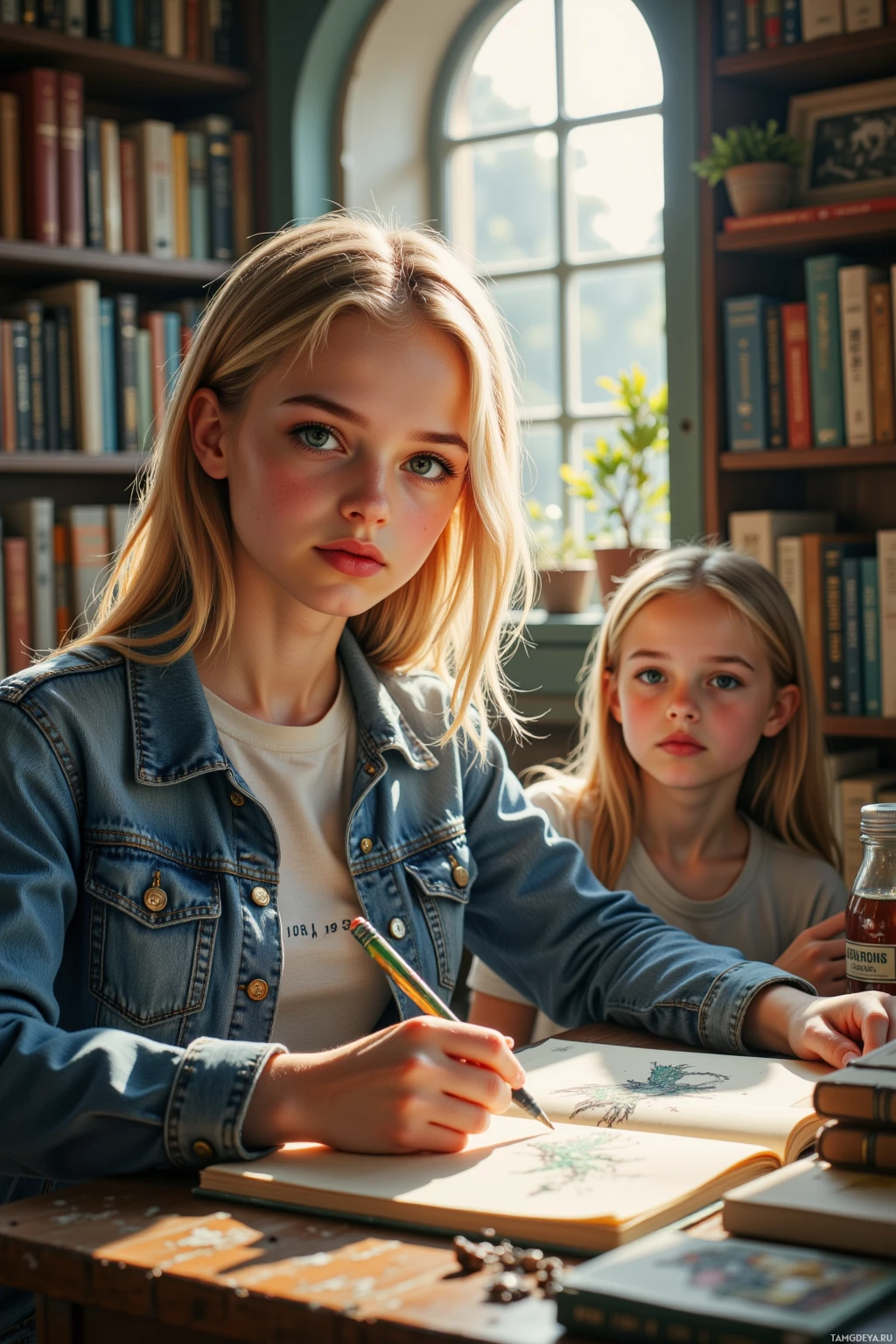 Two young girls are sitting at a desk in a library, one drawing while the other looks on.