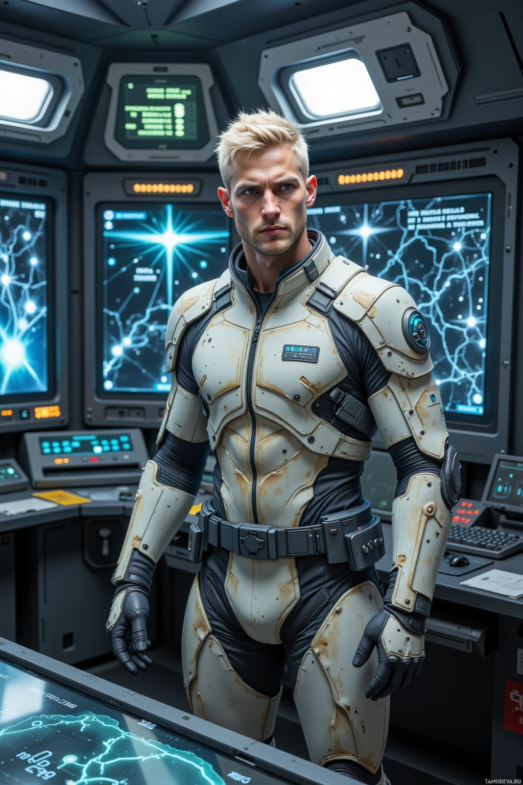 A person in a futuristic, armored suit stands in a high-tech control room.