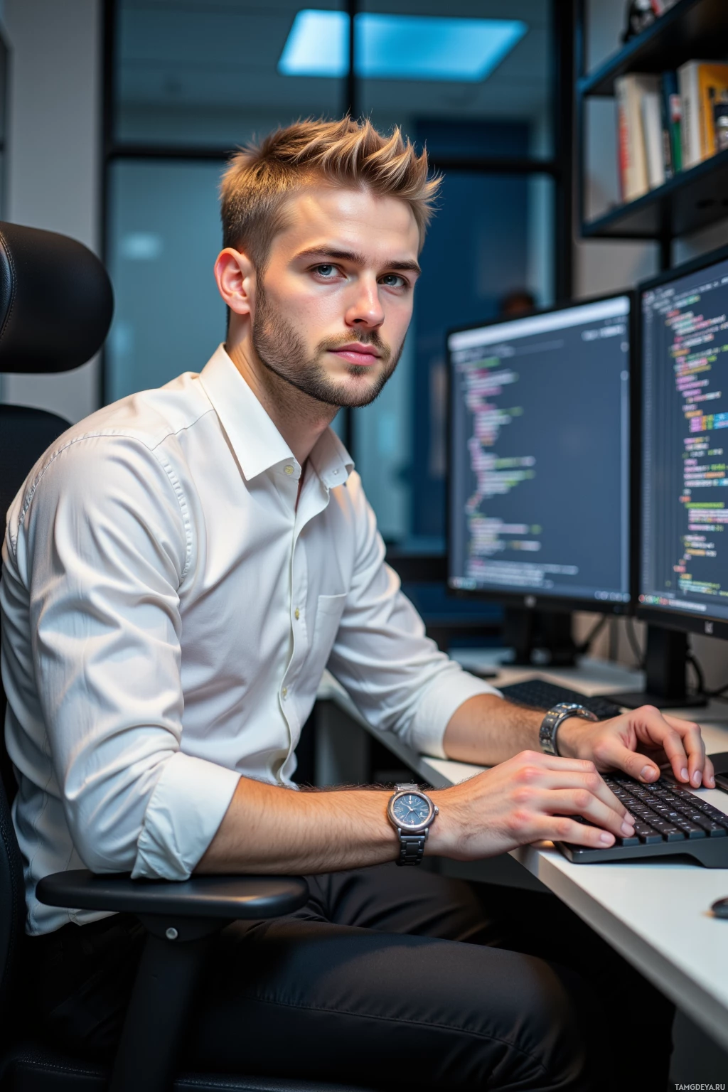 A man in a white shirt works at a desk with two computer monitors displaying code.