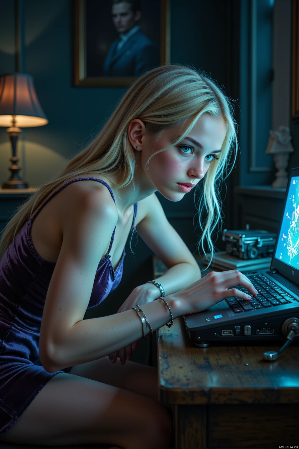 A young woman in a purple dress is sitting at a desk, working on a laptop.