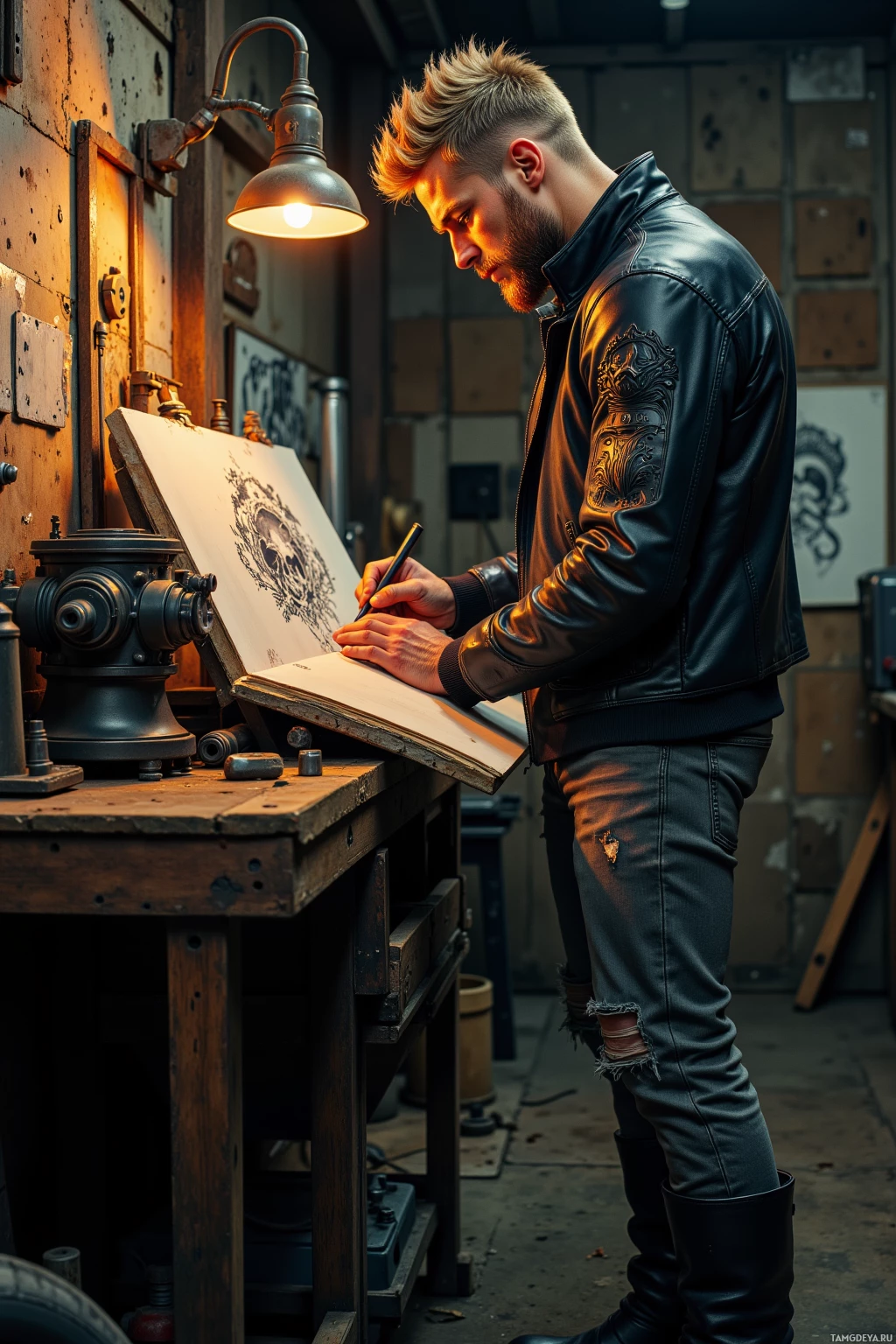A man in a leather jacket is drawing in a sketchbook in a dimly lit workshop.