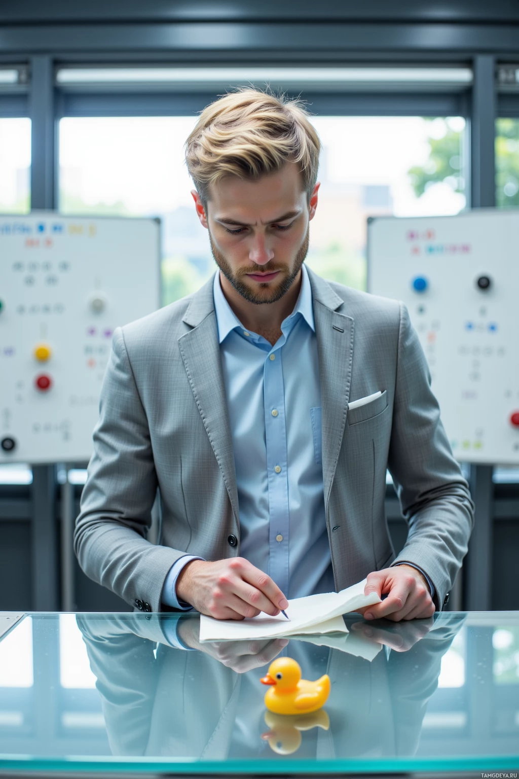 A man in a suit is writing on a piece of paper at a desk.