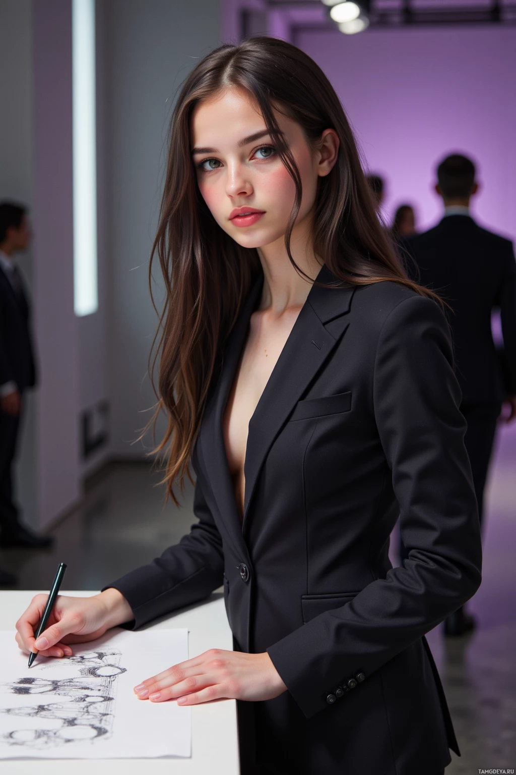 A woman in a black suit stands at a table, holding a pen and looking directly at the camera.