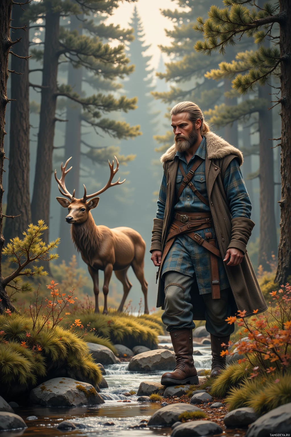 A man in a fur-trimmed coat stands beside a deer in a forested area with a stream.