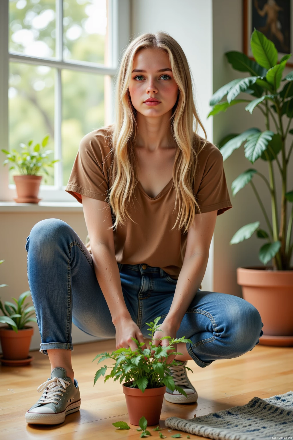 A person in a brown shirt and jeans is crouching near a potted plant indoors.