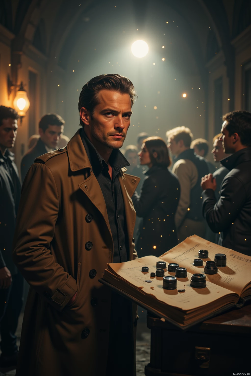 A man in a trench coat stands in a dimly lit room with a group of people in the background.