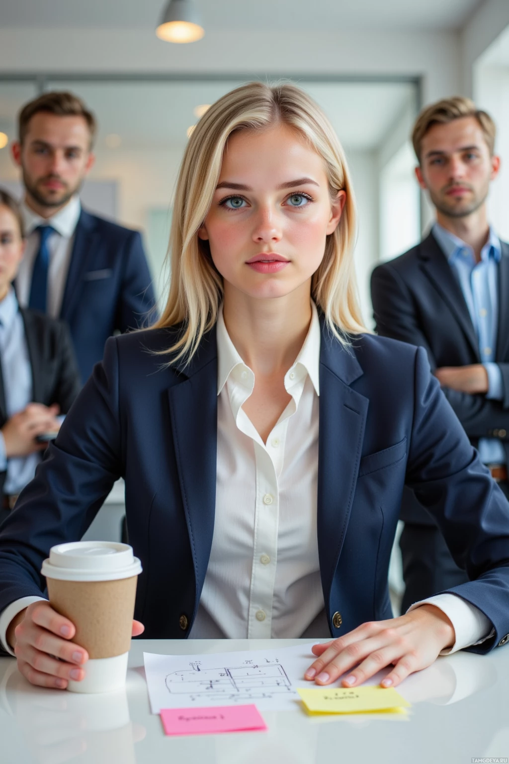 A professional woman in a suit holds a coffee cup while seated at a table with colleagues in the background.