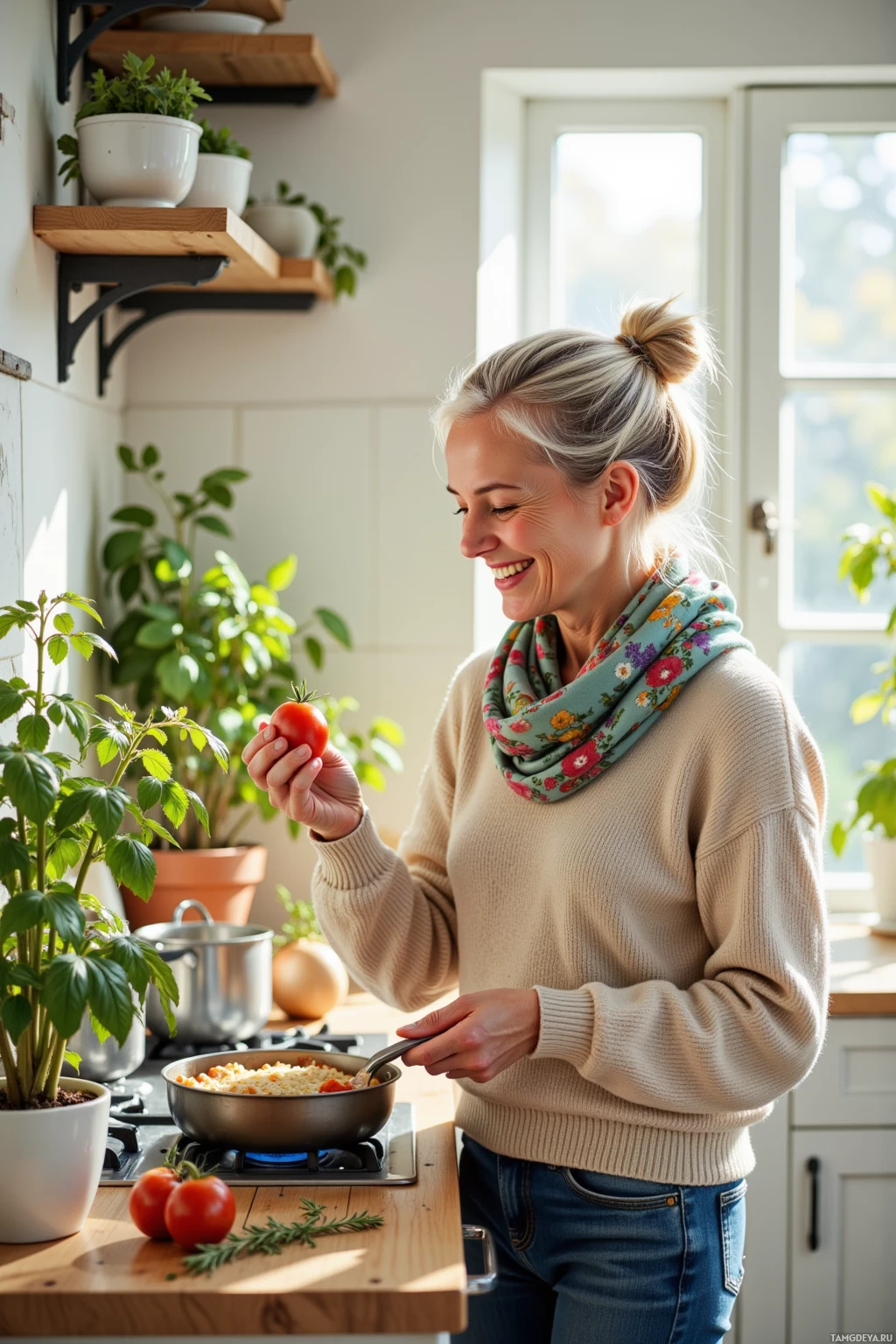 A woman is cooking in a kitchen, smiling while holding a tomato.
