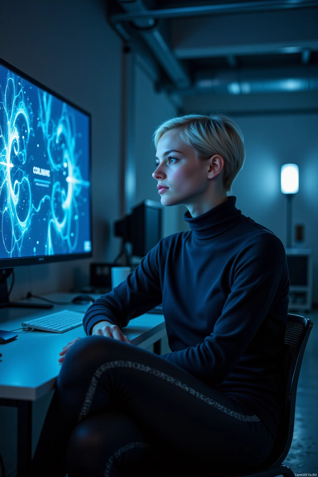 A person sits at a desk in a dimly lit room, focused on a computer screen displaying abstract, glowing patterns.
