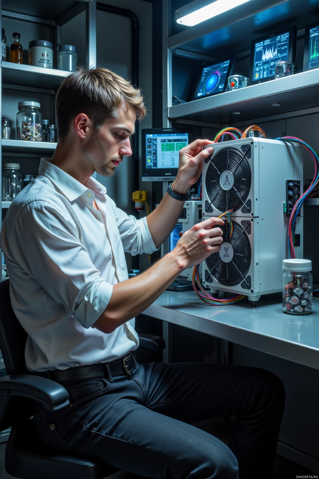 A person in a lab setting is working on a piece of equipment with cables.