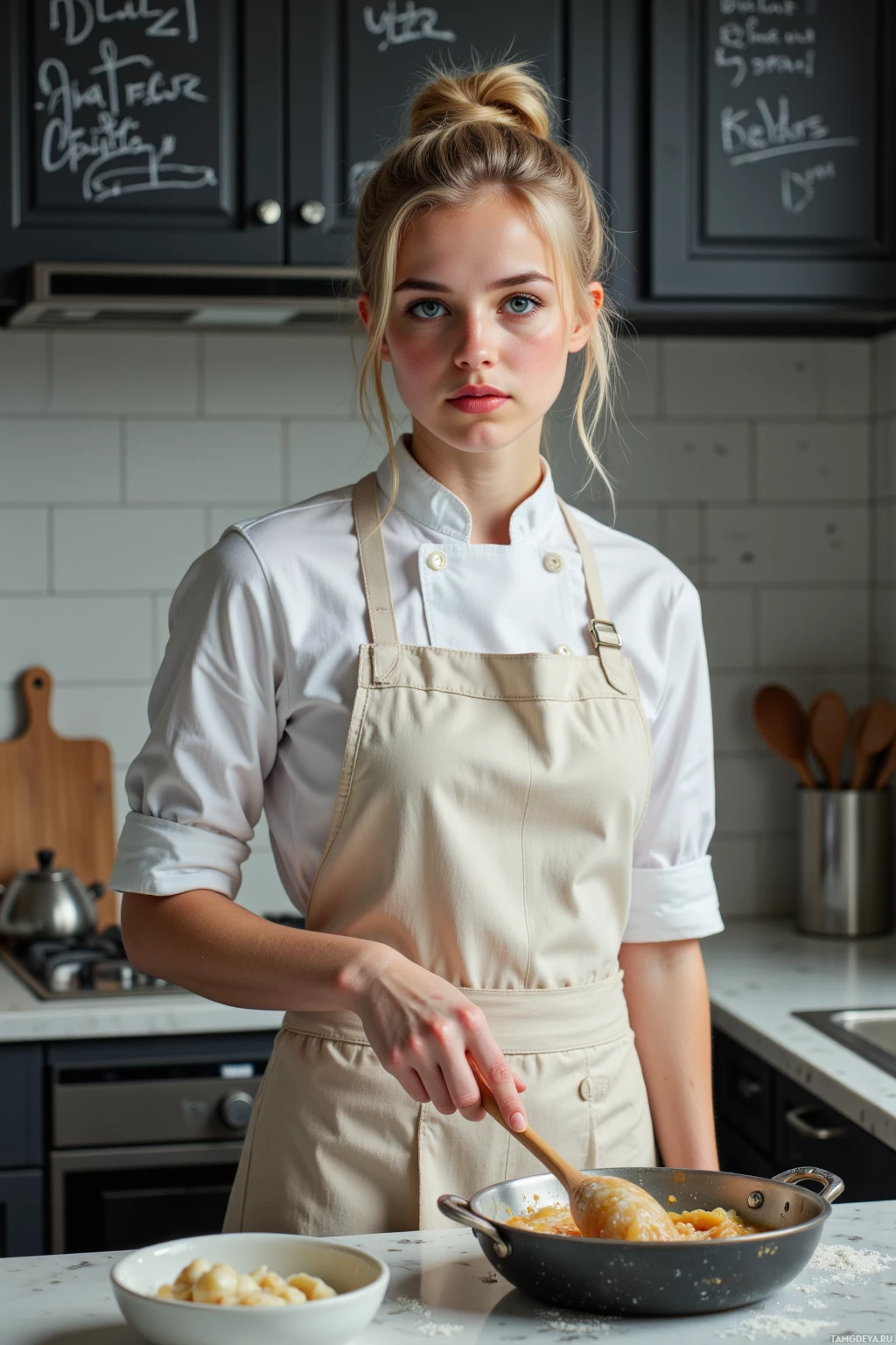 A person in a kitchen wearing an apron and holding a wooden spoon over a pan of food.
