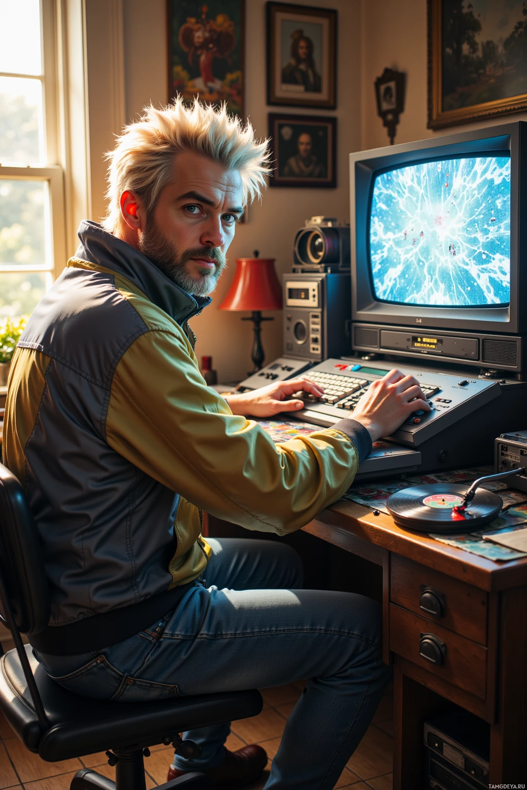 A man with spiky blonde hair sits at a desk, working on a vintage computer with a CRT monitor displaying a bright, abstract image.