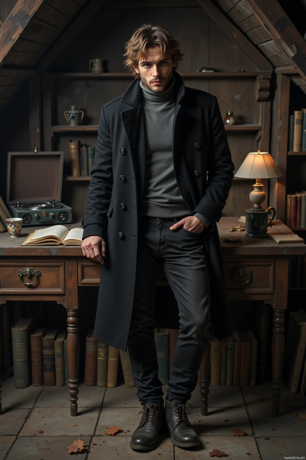 A man stands in a dimly lit room with a vintage aesthetic, wearing a dark coat and jeans.