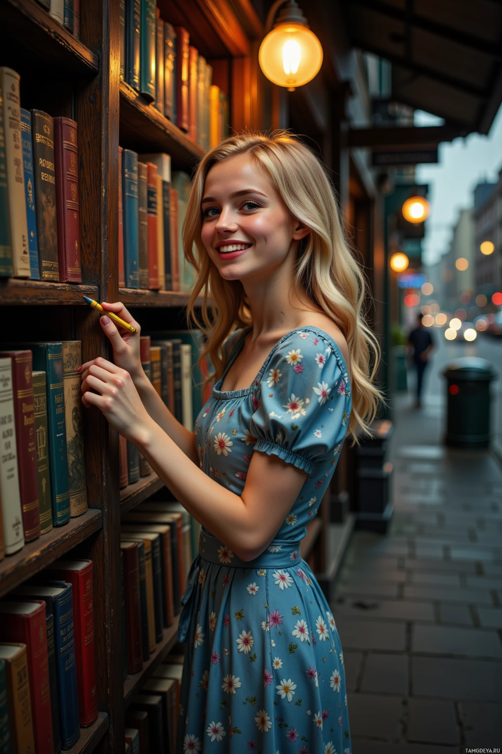 A woman in a floral dress stands in a library, holding a pencil and smiling.