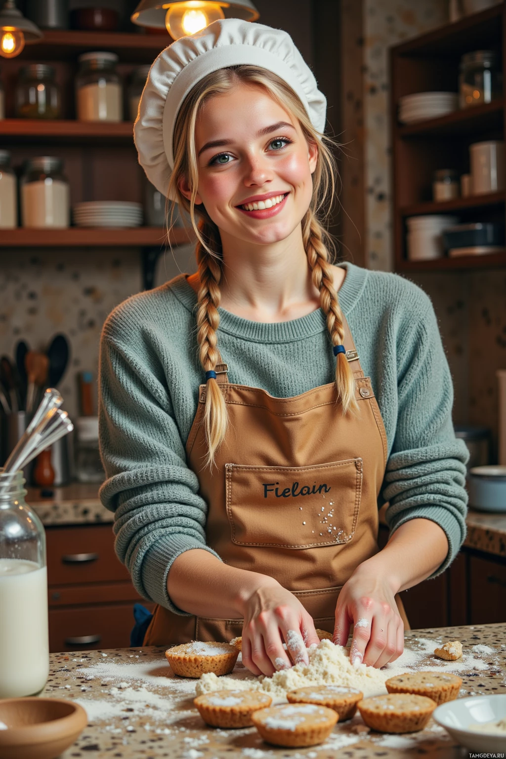 A person wearing a chef's hat and apron is preparing food in a kitchen.