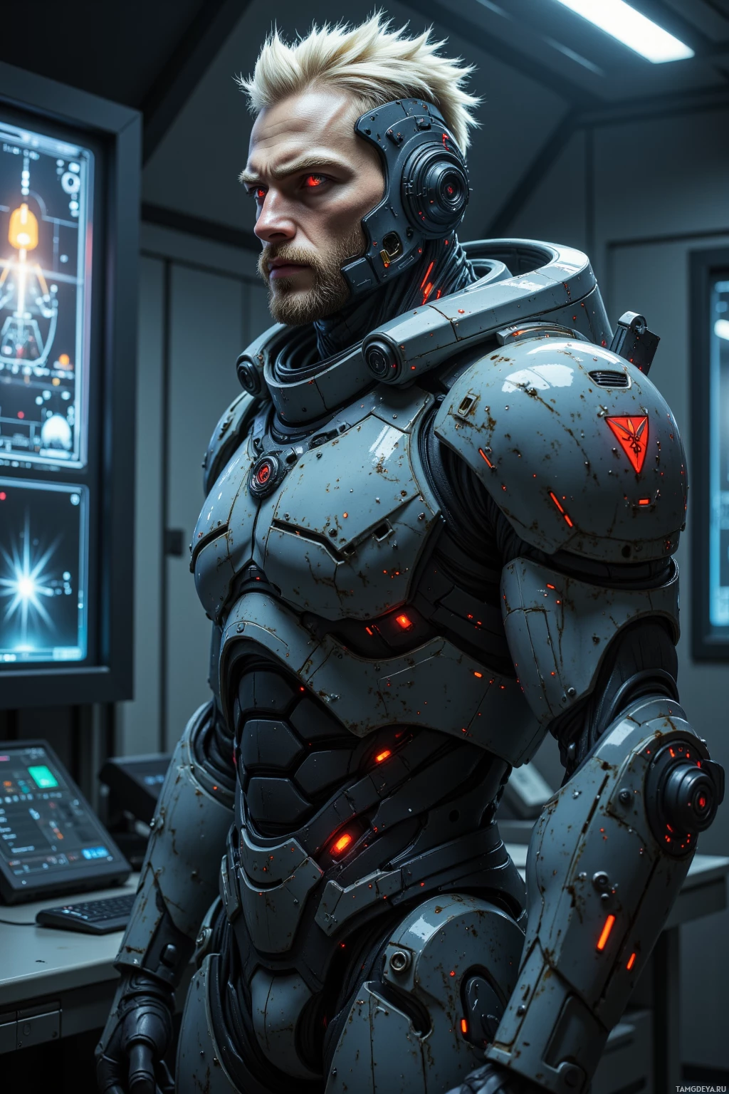 A futuristic armored figure stands in a high-tech environment.