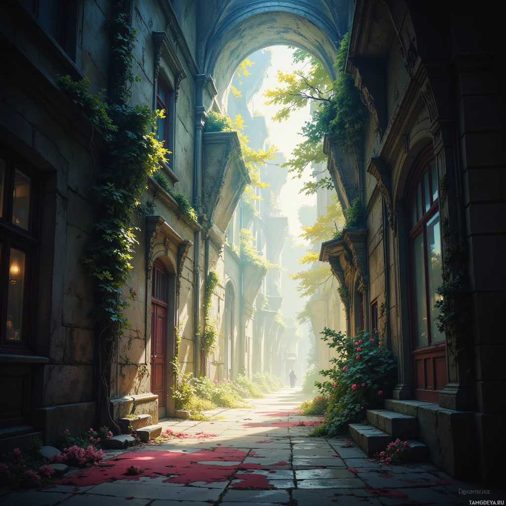 A narrow alleyway lined with old, ivy-covered buildings leading to a bright, sunlit opening.