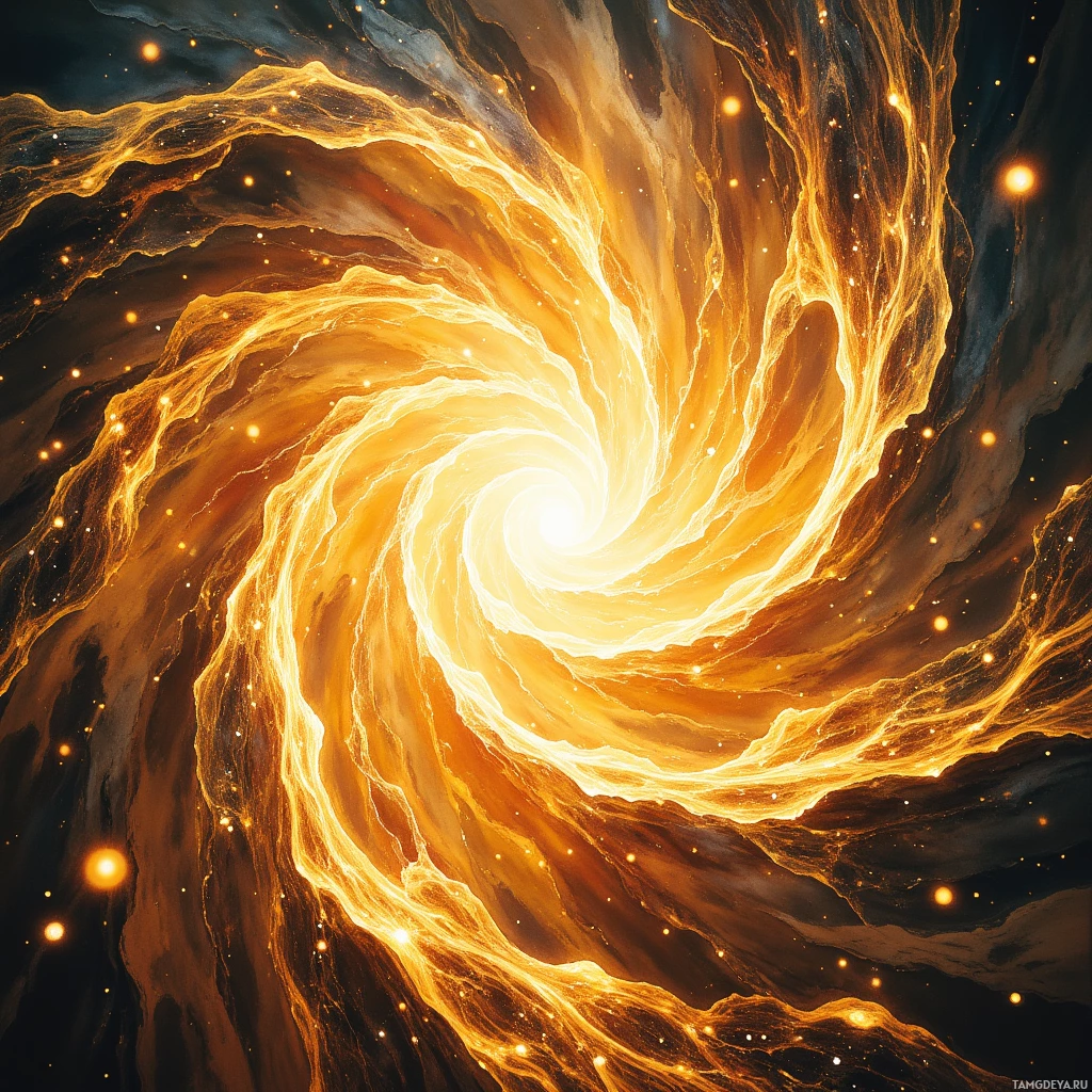 A swirling cosmic vortex with golden and white hues against a dark background.
