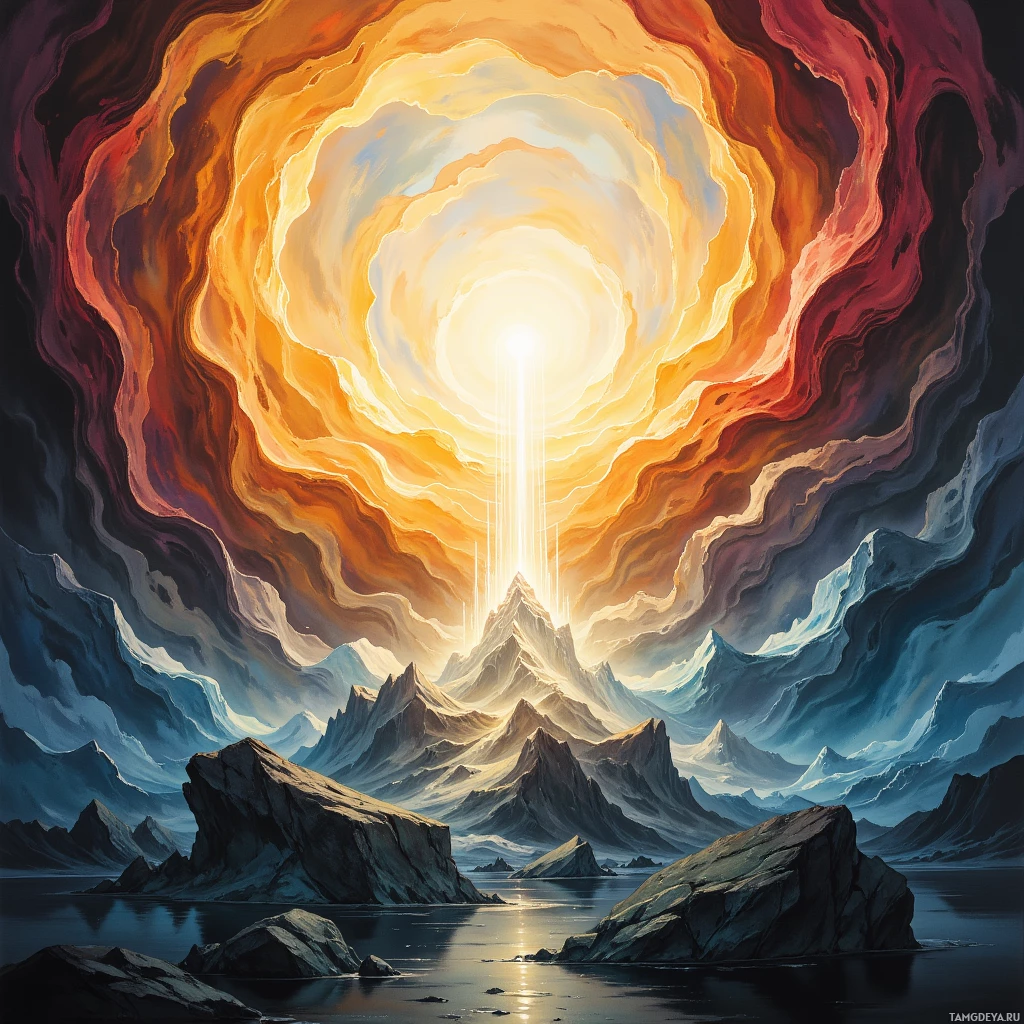 A vibrant, abstract painting featuring a radiant, swirling light source above a serene mountain landscape with a reflective body of water below.