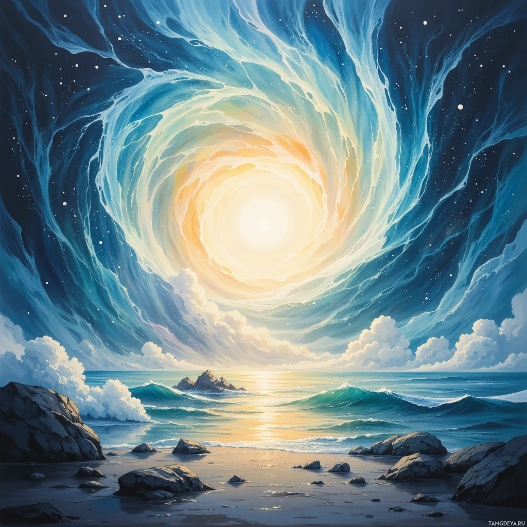 A serene beach scene with crashing waves, a glowing sun, and a starry night sky.