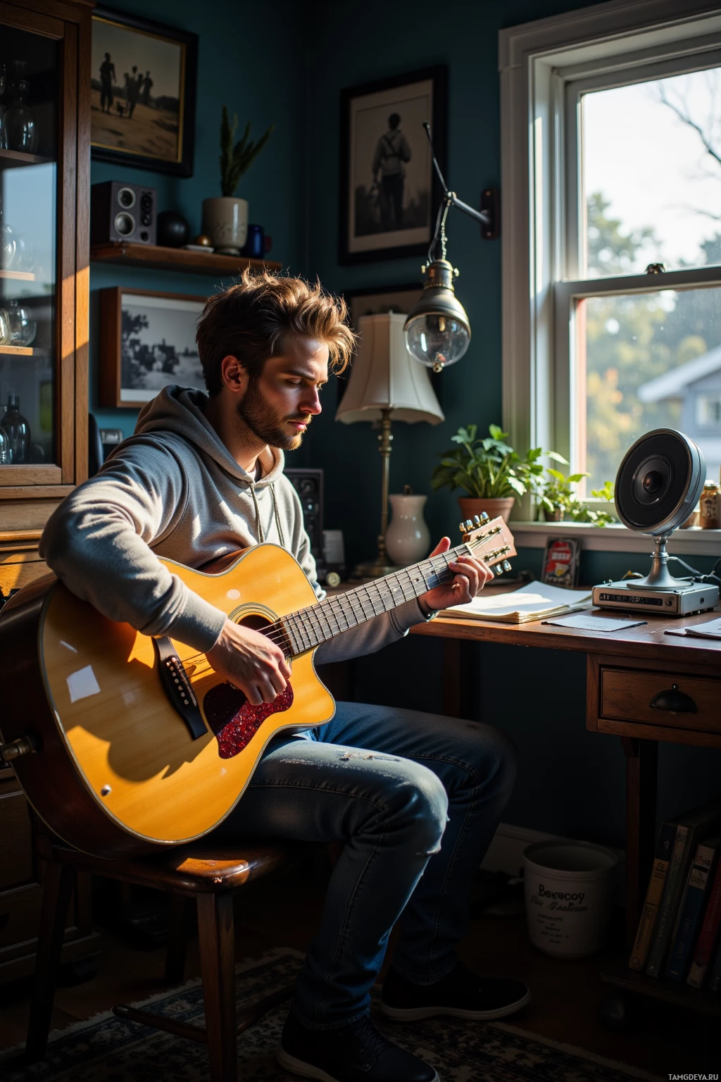 A man sits in a cozy room, playing an acoustic guitar.