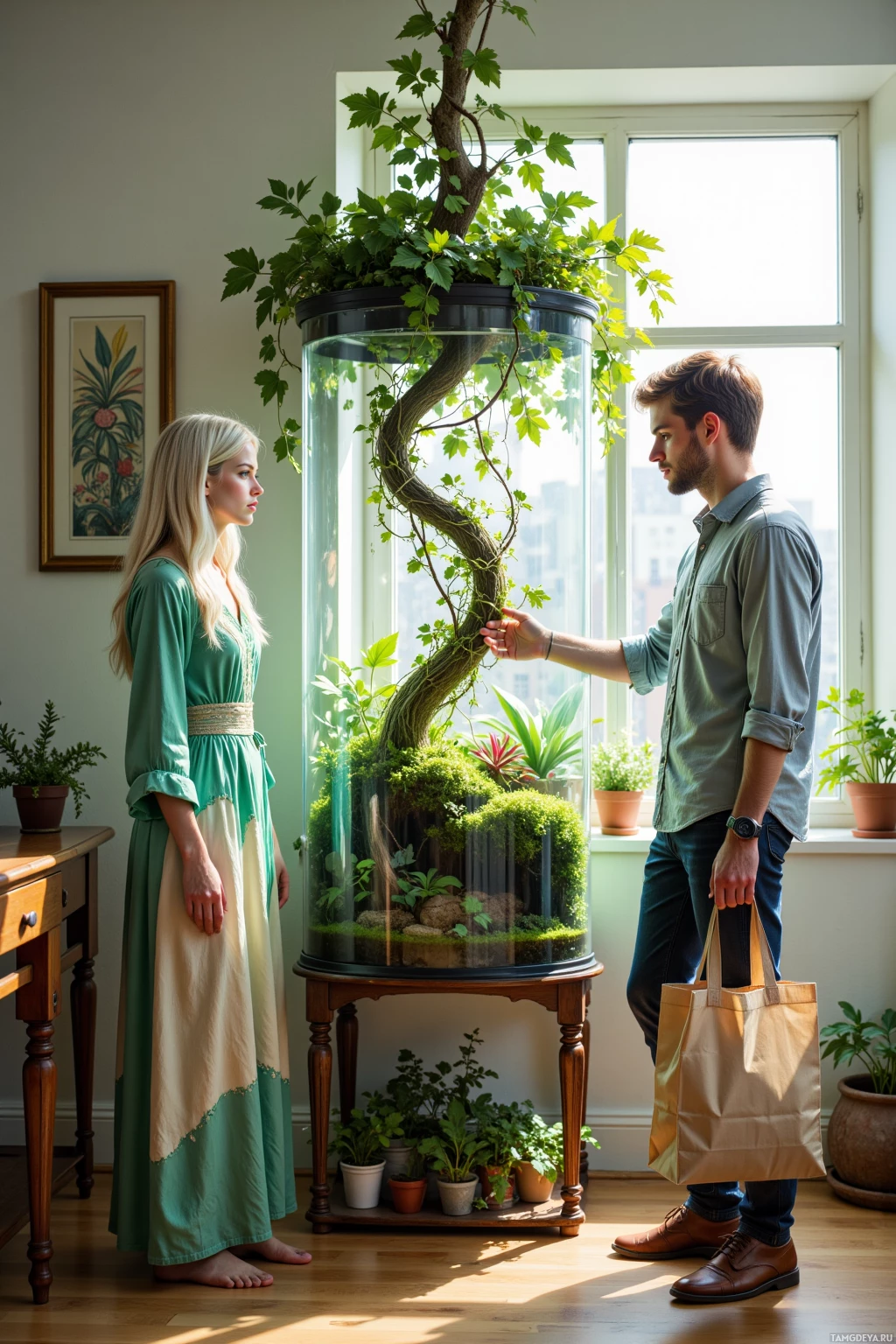 A man and a woman stand in a room with a large terrarium and potted plants.