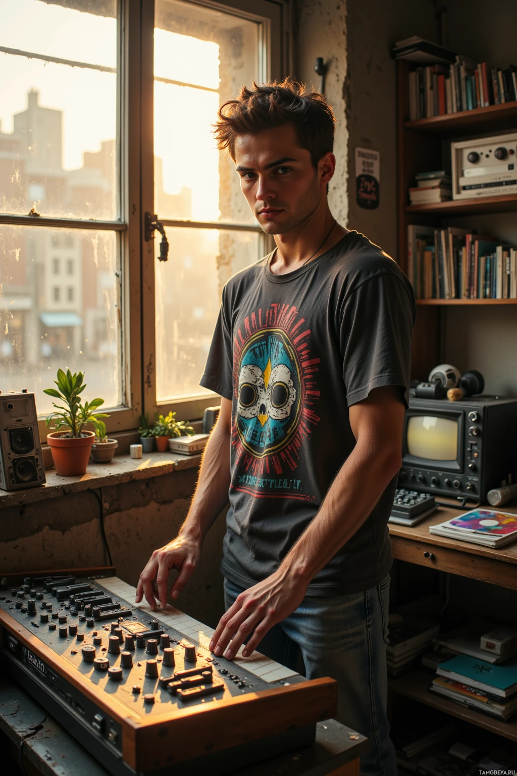 A person stands in a room with a window, wearing a graphic t-shirt and interacting with a vintage electronic device.