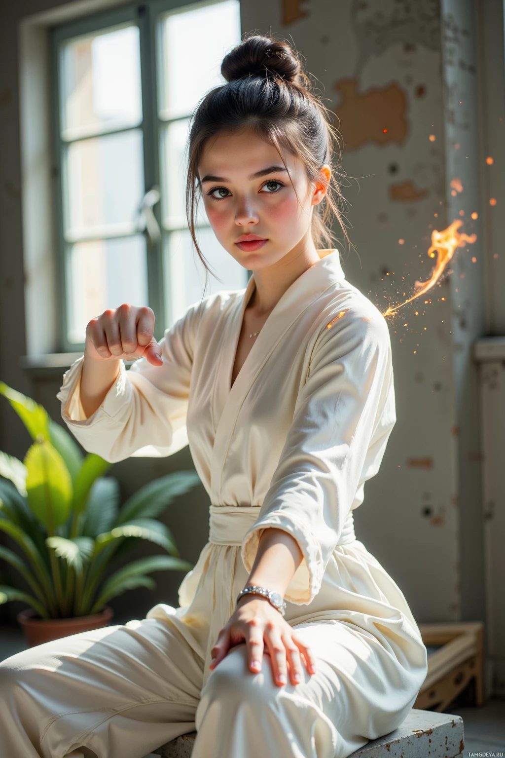 A woman in a light-colored outfit sits gracefully in a sunlit room.