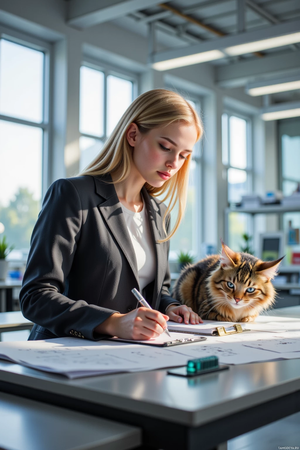 A woman in a professional setting is writing while a cat sits on the desk beside her.