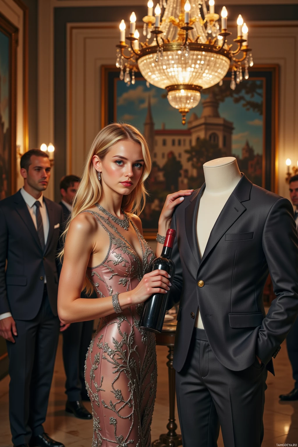 A woman in an elegant dress stands beside a mannequin, holding a wine bottle in a formal setting.