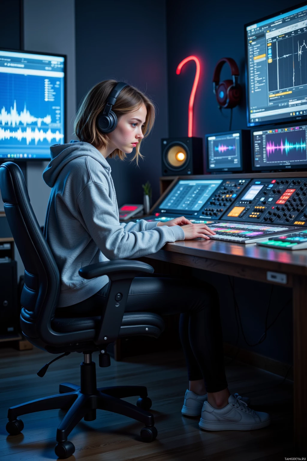 A person is seated at a desk in a dimly lit room, working on a sound mixing console with multiple monitors displaying audio waveforms.