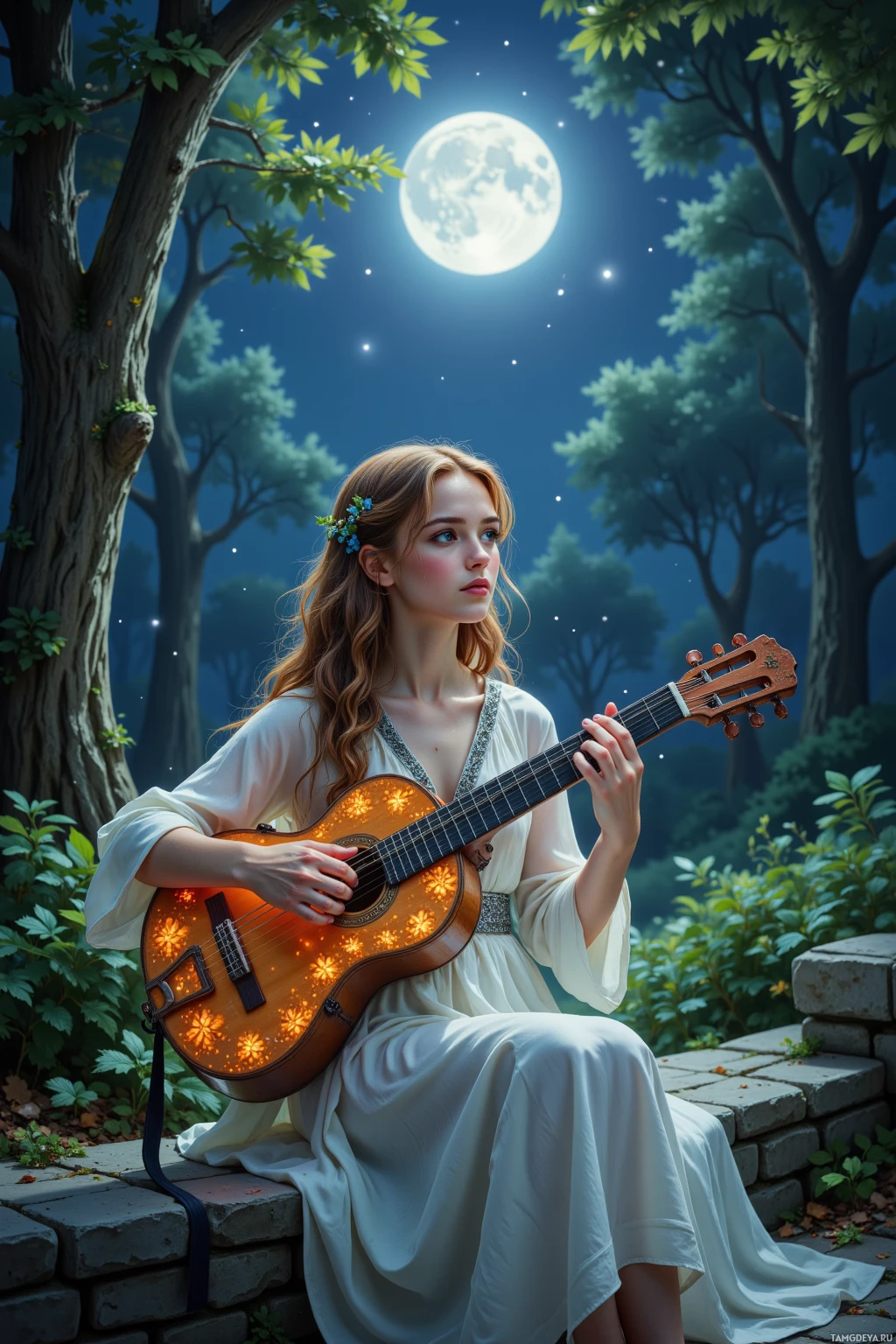 A woman in a white dress plays a guitar under a full moon in a forest.