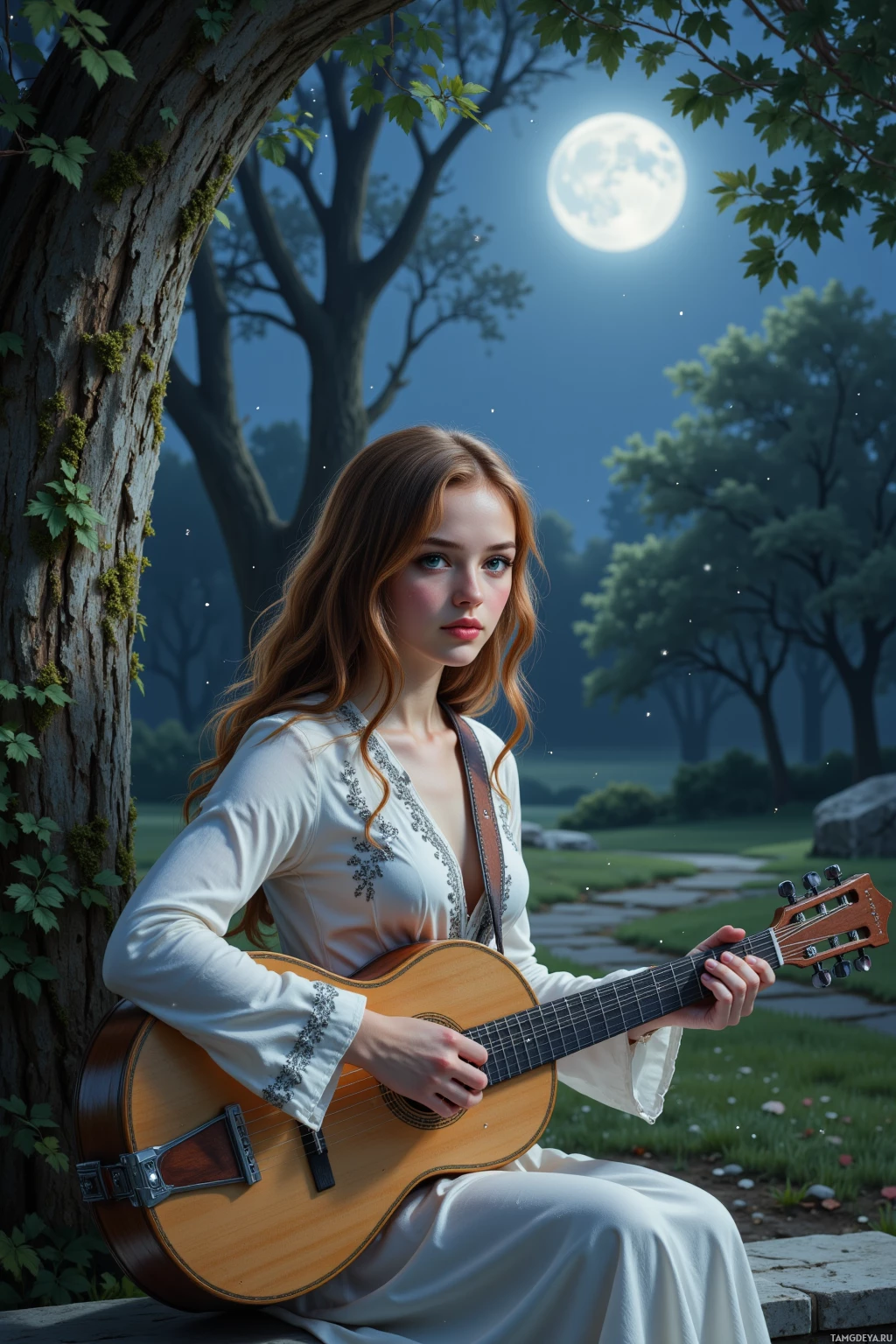 A woman in a white dress plays a guitar under a full moon in a serene forest setting.