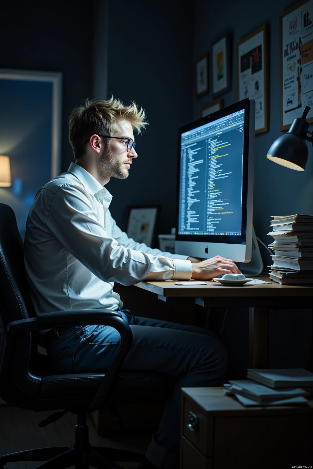 A person is sitting at a desk working on a computer in a dimly lit room.