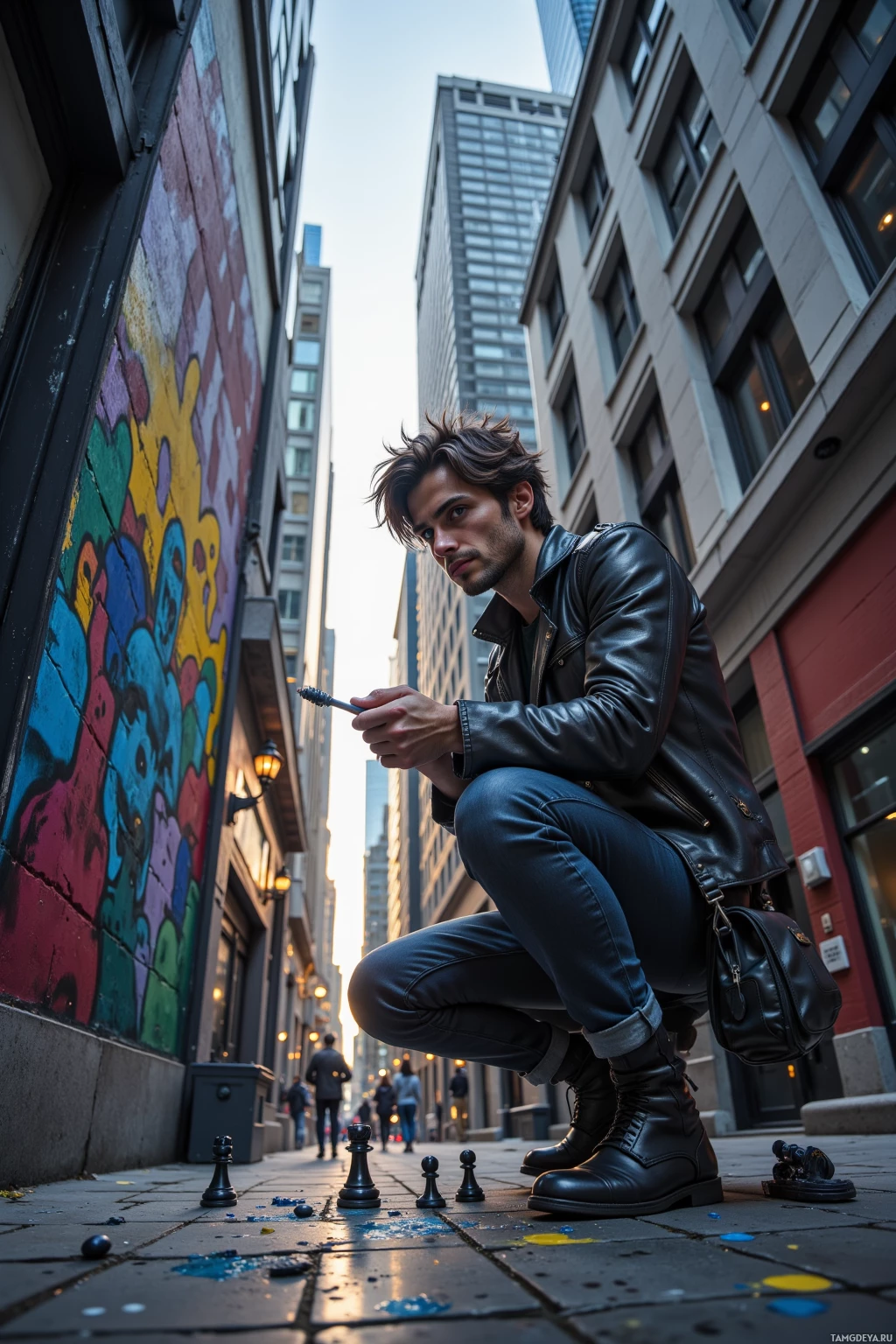 A man in a leather jacket crouches in an urban alleyway, surrounded by graffiti and tall buildings.