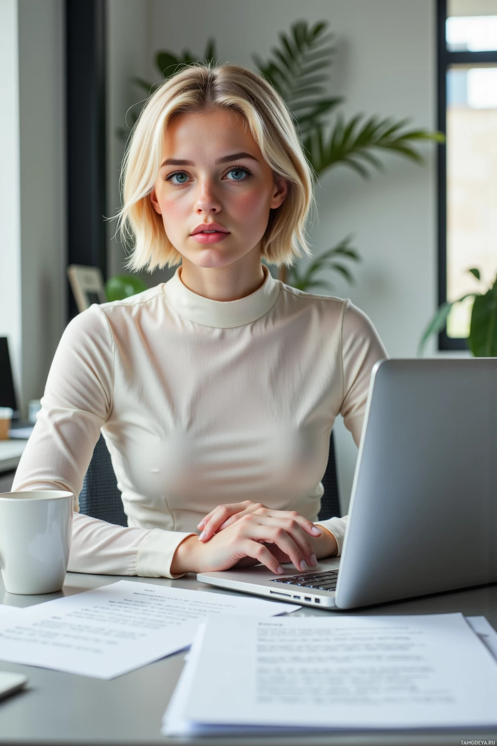 A woman sits at a desk with a laptop, papers, and a coffee cup, in a professional setting.