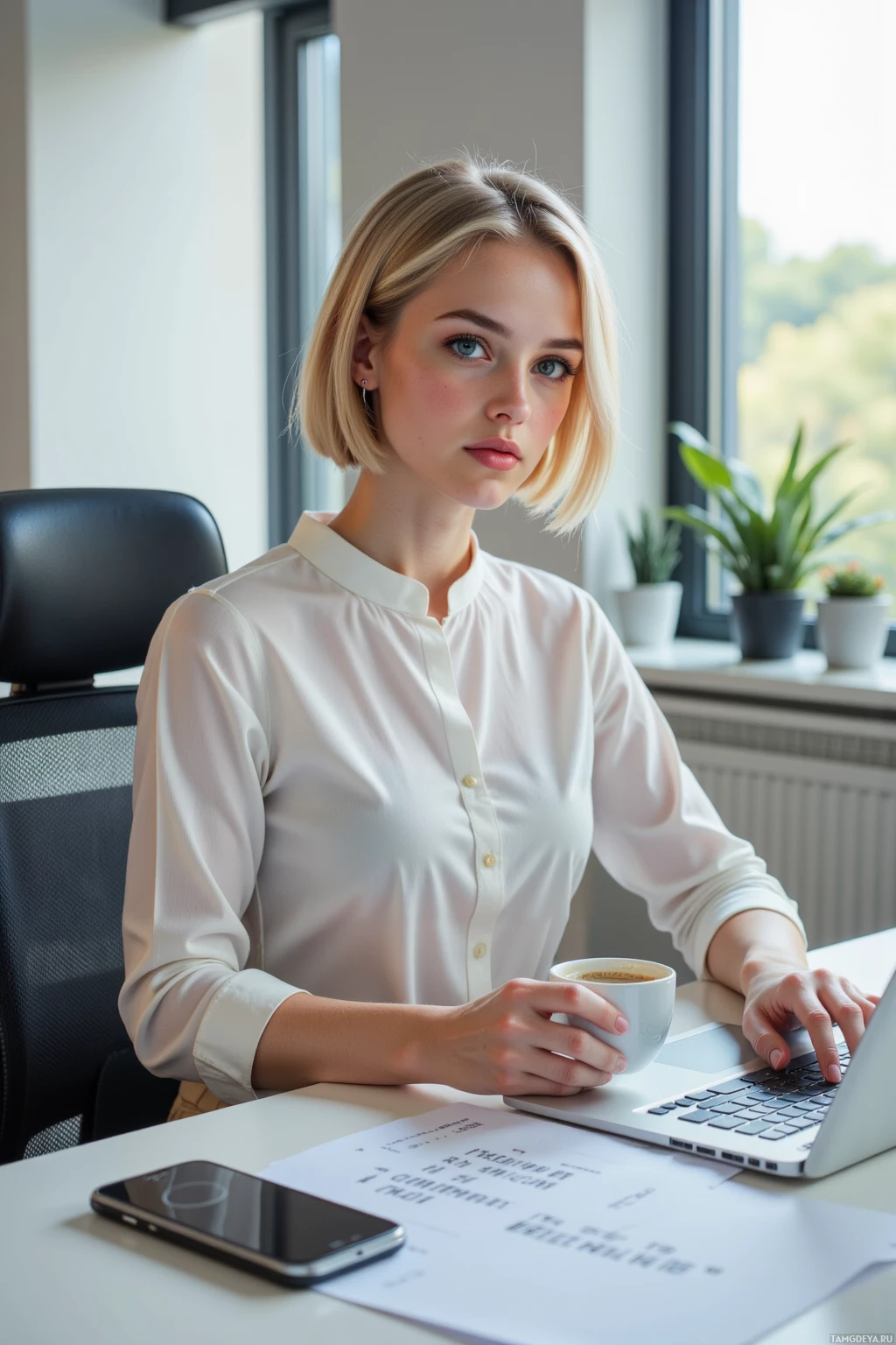 A woman in a white blouse sits at a desk with a laptop, holding a coffee cup.