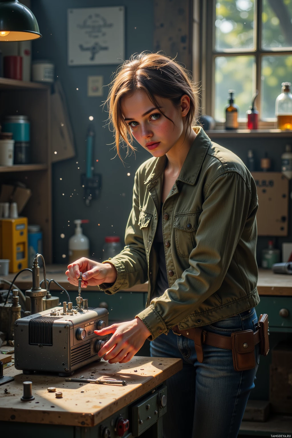 A person in a workshop setting, working on a vintage radio.