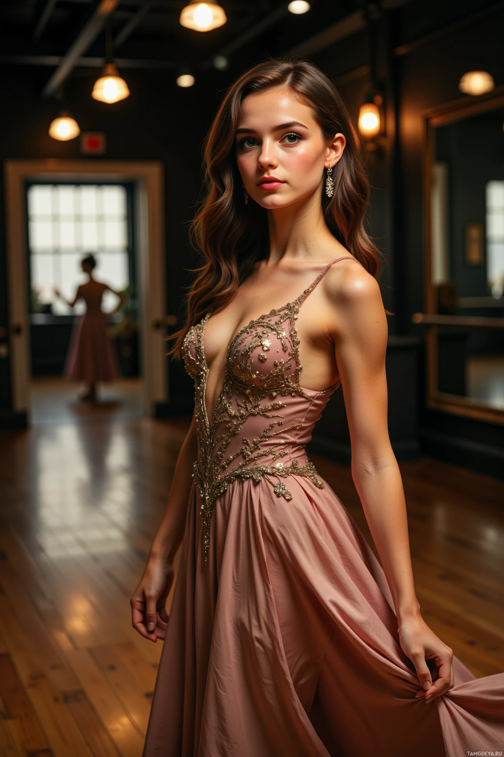 A woman in an elegant, embellished gown stands in a warmly lit room.