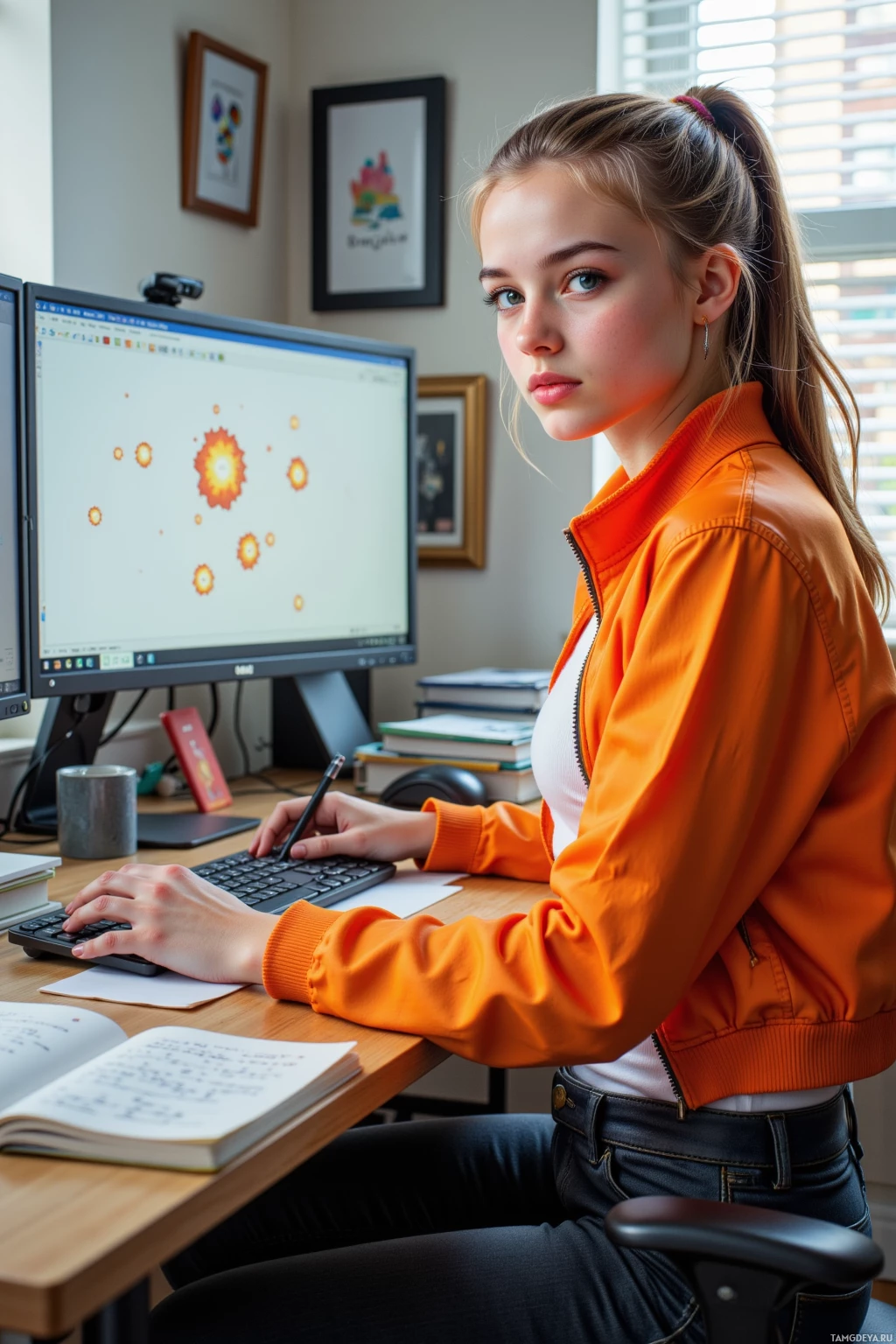 A person in an orange jacket is working at a desk with a computer and books.