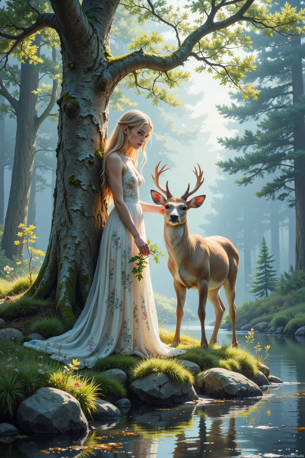 A woman in a floral dress stands beside a deer in a serene forest setting.