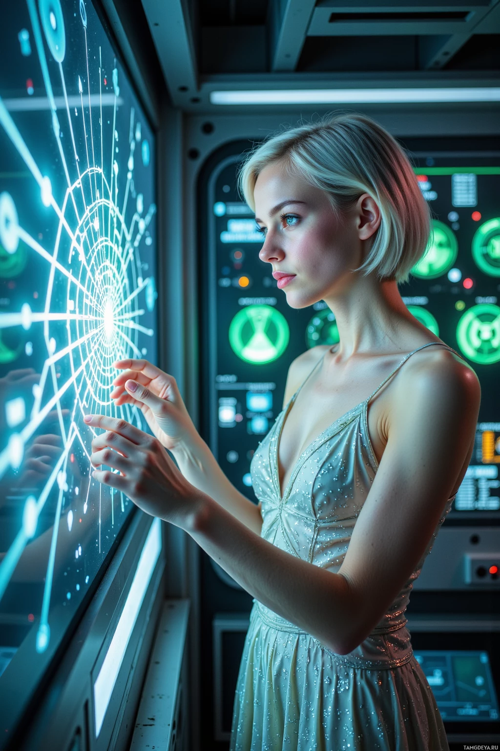 A woman in a shimmering dress interacts with a futuristic, illuminated control panel.
