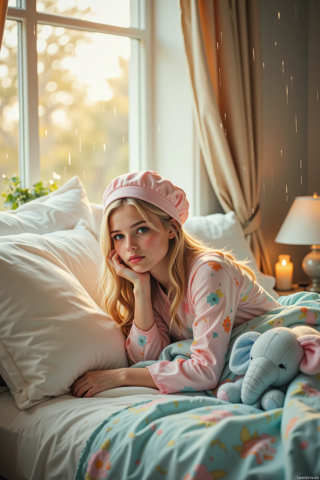 A young woman in pink pajamas and a matching bonnet rests on a bed with a soft, floral-patterned blanket, gazing thoughtfully out of a window.