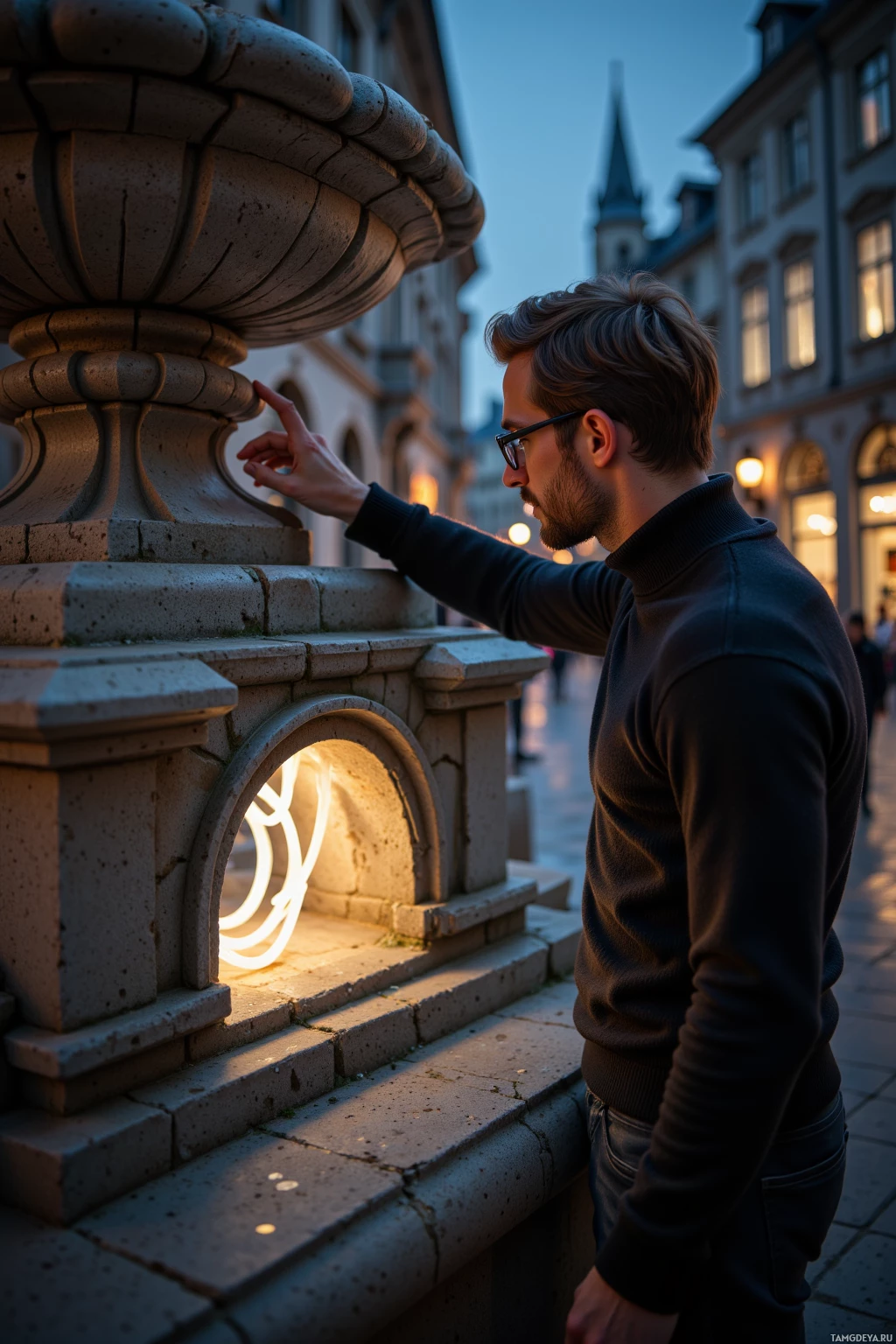 A man in a dark sweater stands beside a stone fountain with a lit interior, in an urban setting.