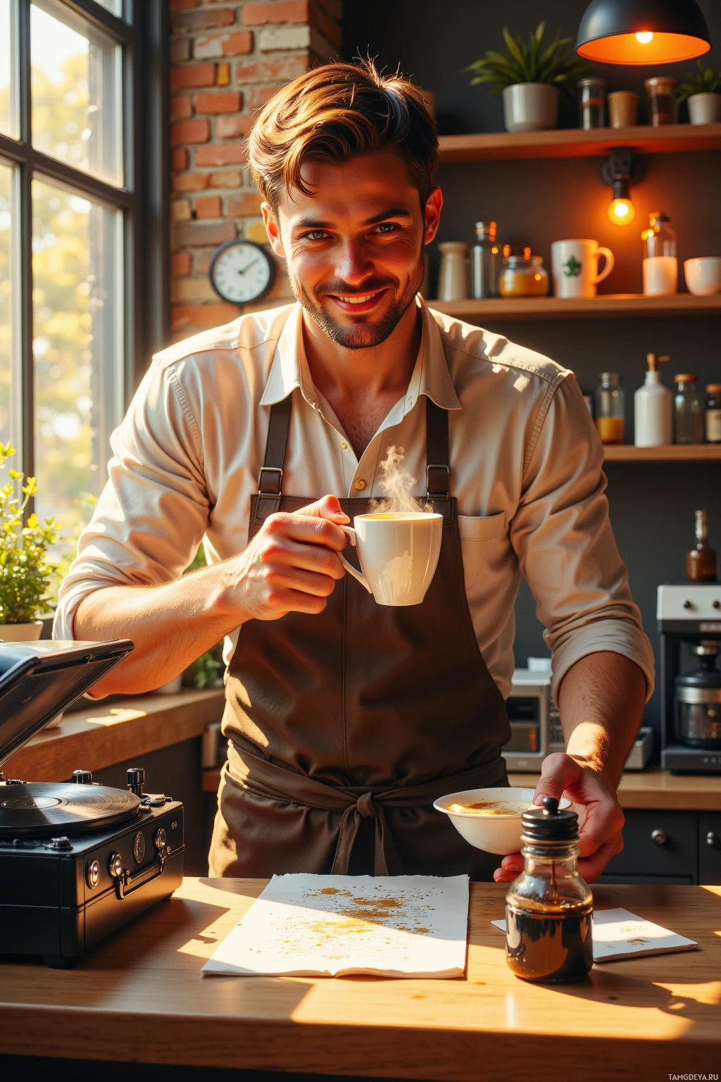 A man in an apron holds a steaming cup of coffee in a cozy kitchen setting.